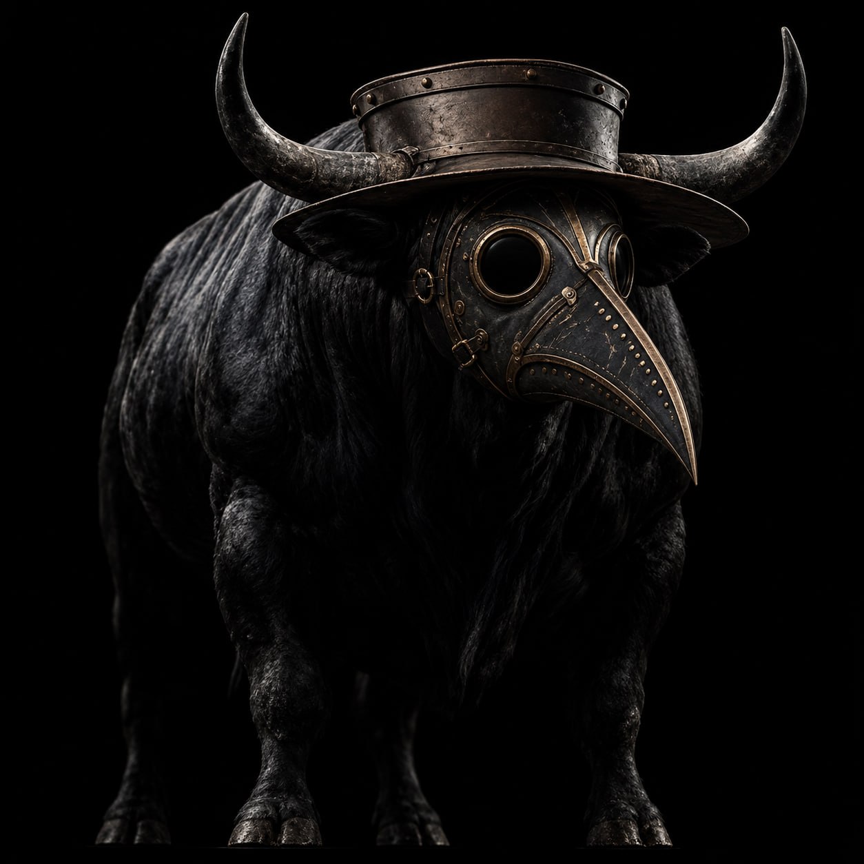 The Yersinia Bull wearing an antique plague doctor mask
